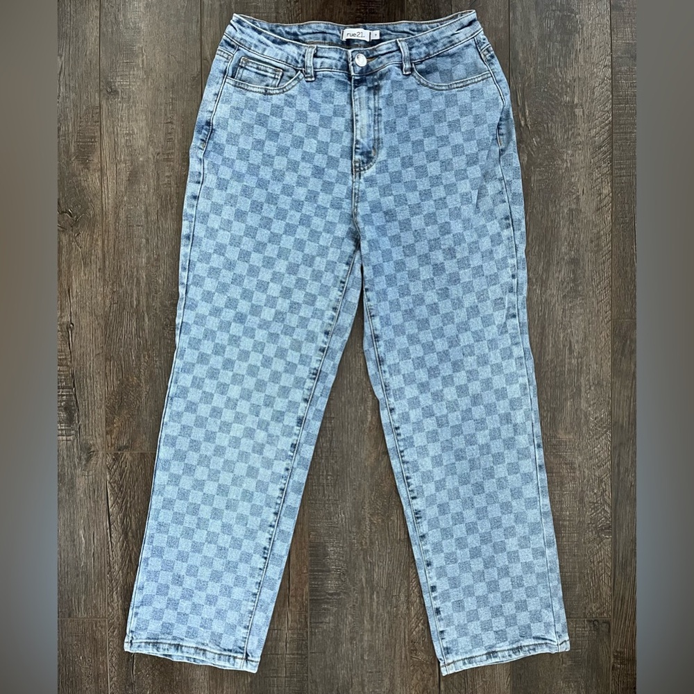 Rue21 High Rise Blue Checkered Straight Leg Dad Jeans Size 7 Juniors Denim